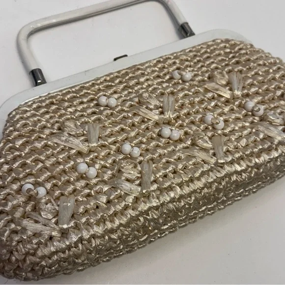 Vintage Rattan Straw Woven Purse Tan White Beaded - Picture 6 of 10